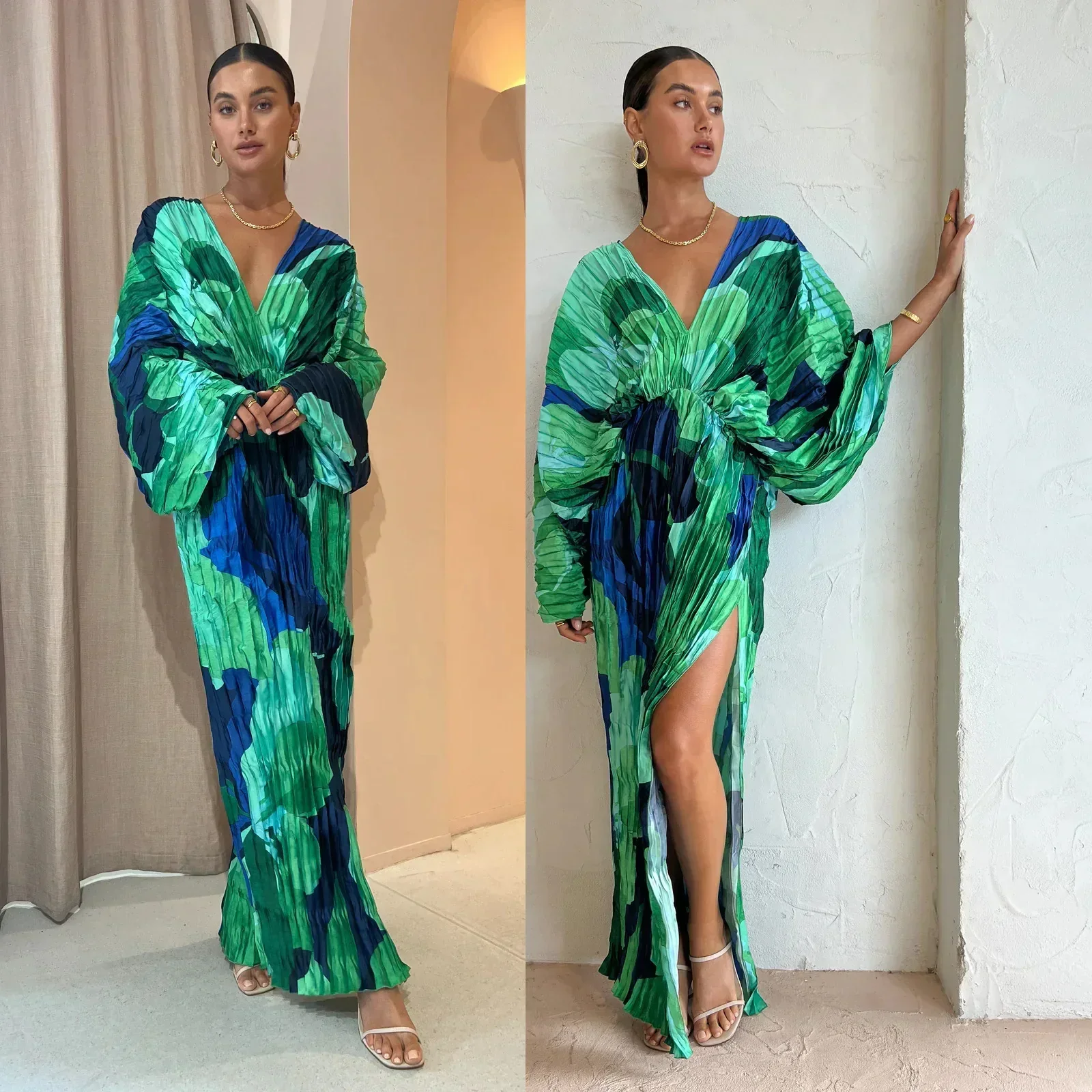 

Green Sexy Women's Dresses Summer V-Neck Long Sleeve Beach Vestidos De Mujer Backless Split Party Evening Maxi Dresses for Women