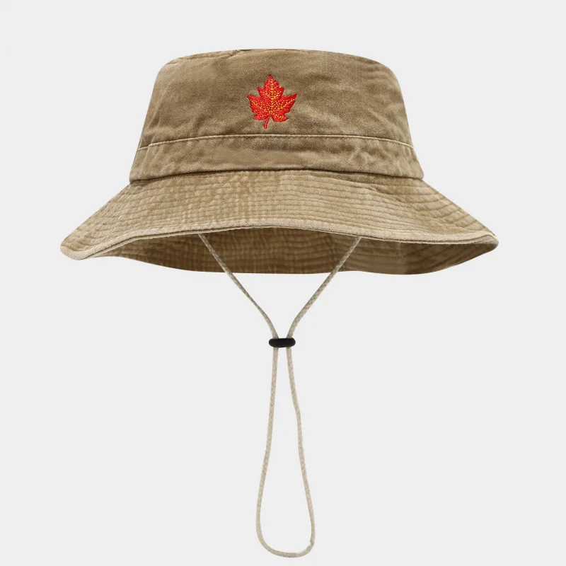 Men Vintage Maple Leaf Embroidered Bucket Hat Washed Cotton Boonie Hat with Chin Strap