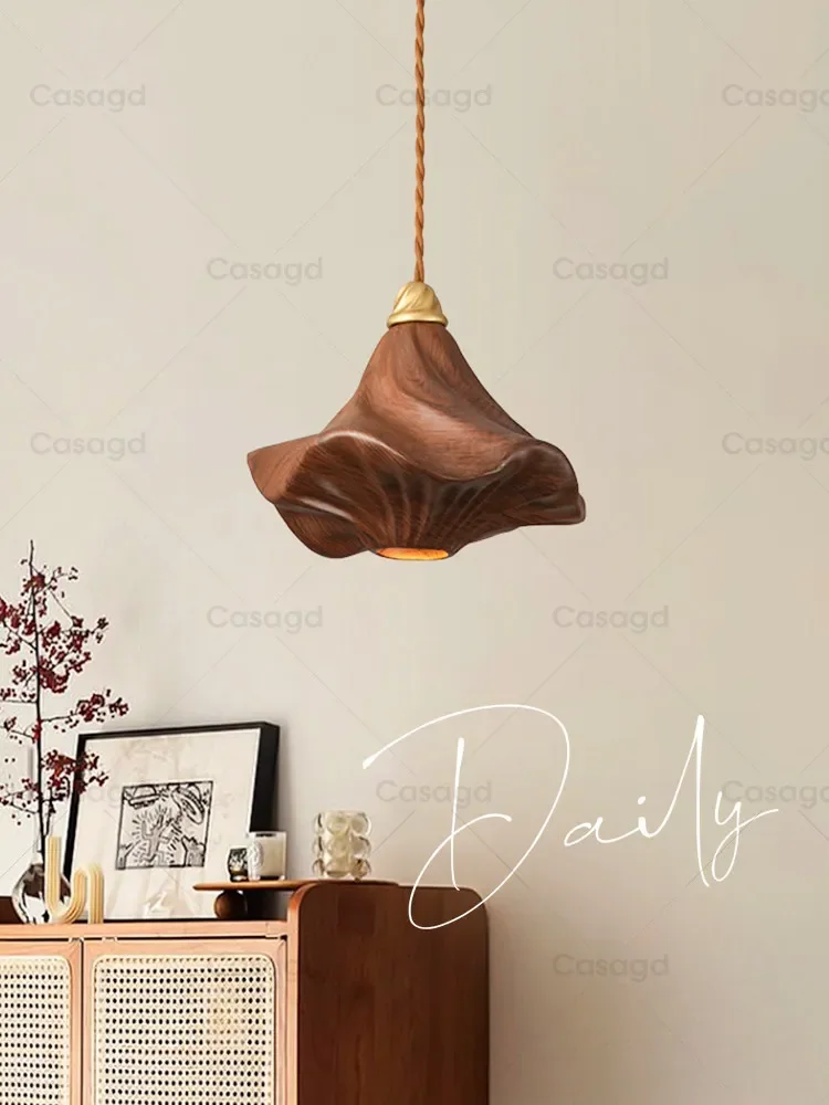 French Vintage Wood Grain Resin Pendant Light Eye Protection Hanging Lamp Bedroom Bedside Entryway Study Bar Counter Chandelier