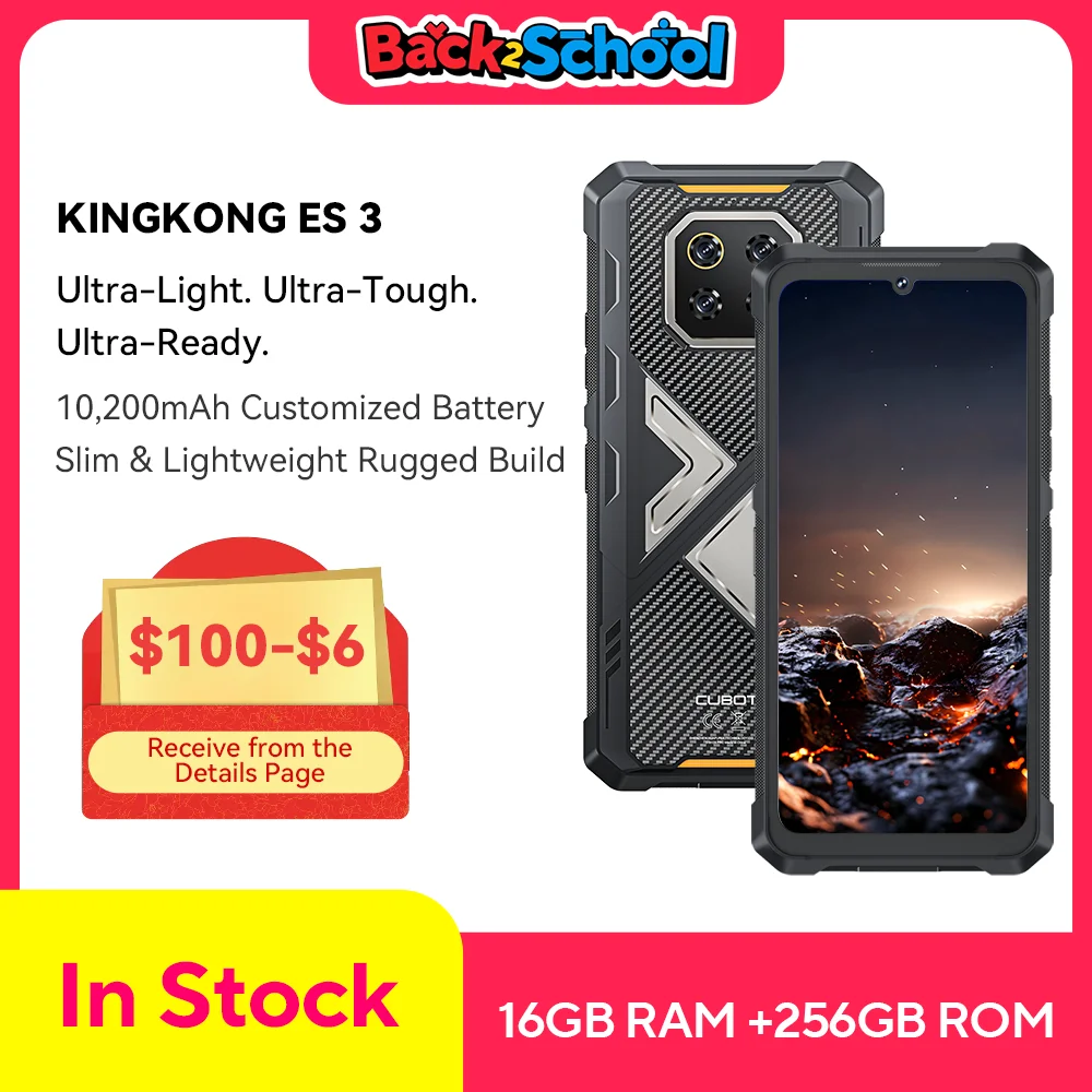 Thin Rugged Smartphone Android 15 Cubot KingKong ES 3, 10200mAh Battery, 16GB RAM(6+10), 256GB ROM, 6.745-Inch 90Hz Screen, NFC