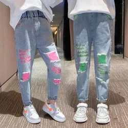 Girls Jeans for Fashion Teen Letter Pattern Jeans Casual Style Kid Denim Pants Spring Autumn Children's Clothes 4 5 7 9 11 13Yrs