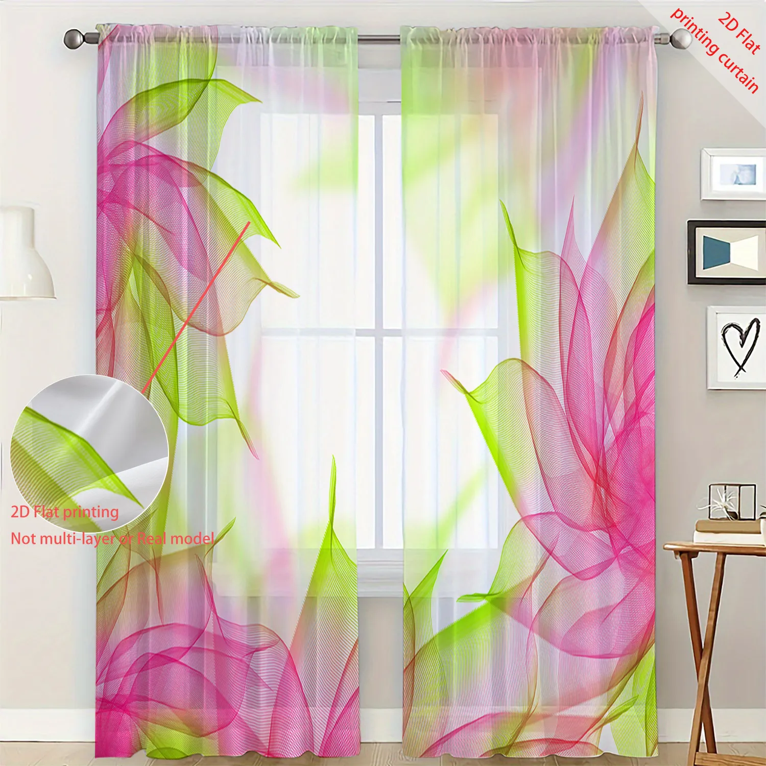2D floral printed transparent gauze curtain, beautiful home decoration, bedroom, living room, kitchen, balcony decoration