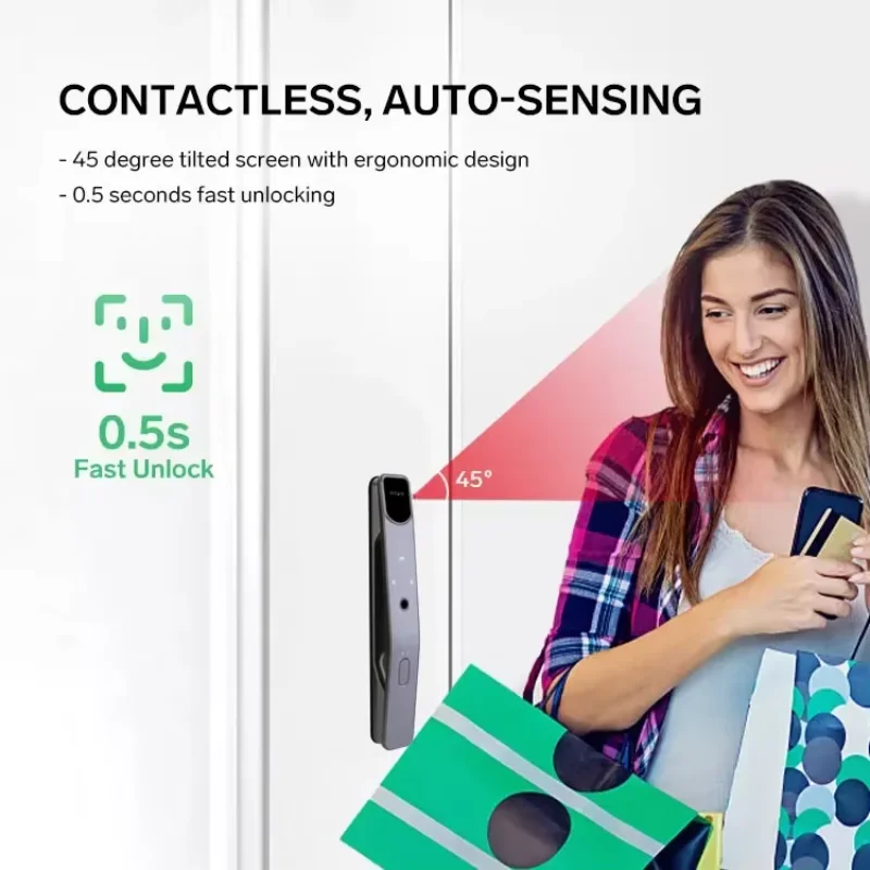 Face recognition smart door lock with camera, picture capture wifi Tuya App remote control, fingerprint, facial, password, card