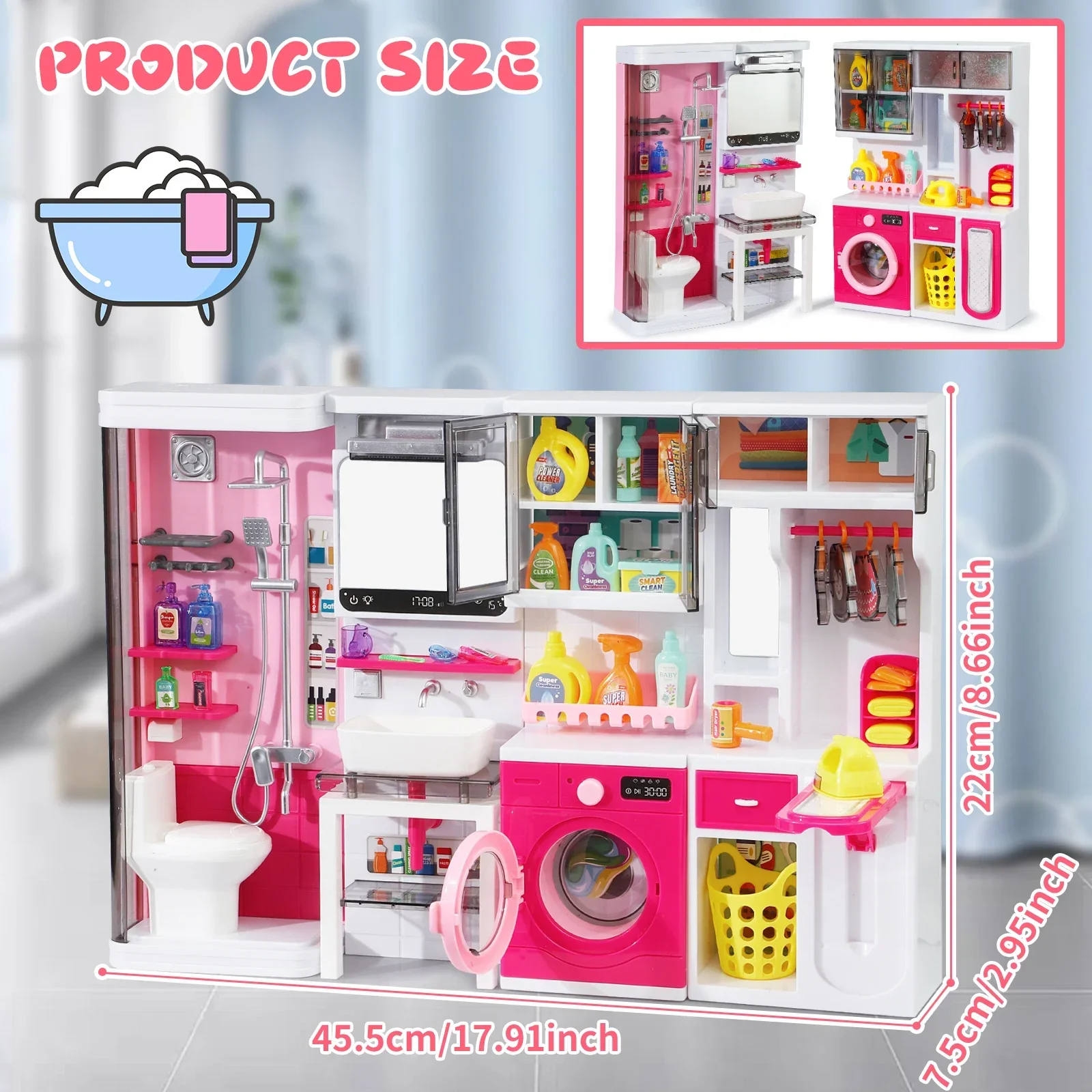 mquduo-pink-pretend-play-bathroom-set-shower-vanity-laundry-cabinet-ironing-board-ideal-christmas-birthday-holiday-gift