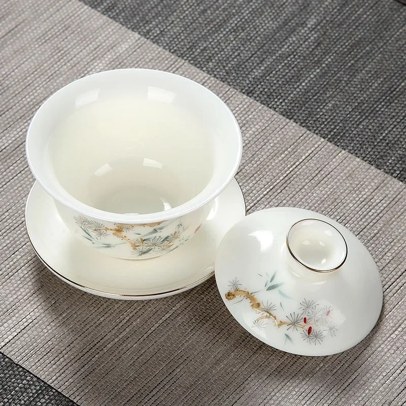 White Jade Porcelain Tea Bowl, Tea Cup and Saucer, Gaiwan, High-End Chinese Household Tea Set, Ceramic Puer Teacups, Tureen