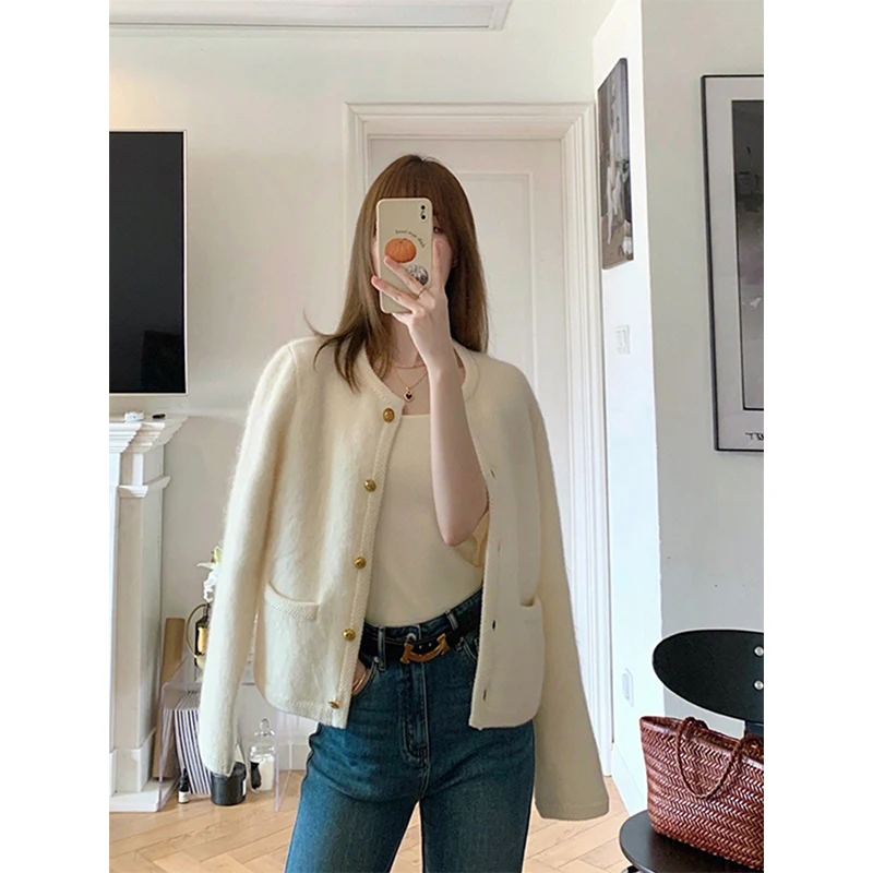 Women Autumn Fashion Trend Solid Color O-neck Long Sleeve Knitwear Women Clothes Office Lady All-match Knitting Cardigan Coat