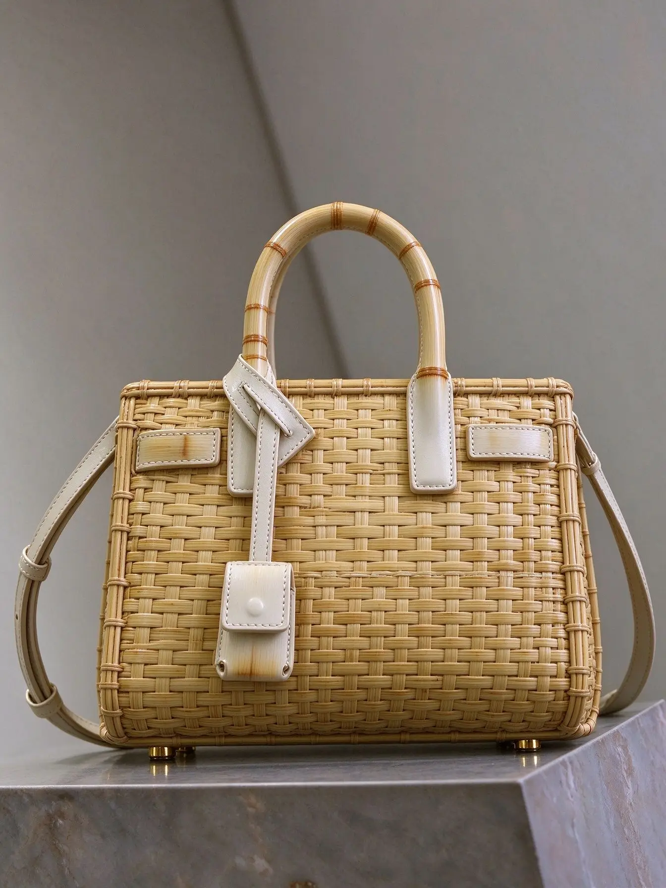 Vintage Handwoven Rattan Box Tote Bag For Women Bamboo Handle Detail, Leather Strap & Gold Metal Feet Seaside Vacation Handbag
