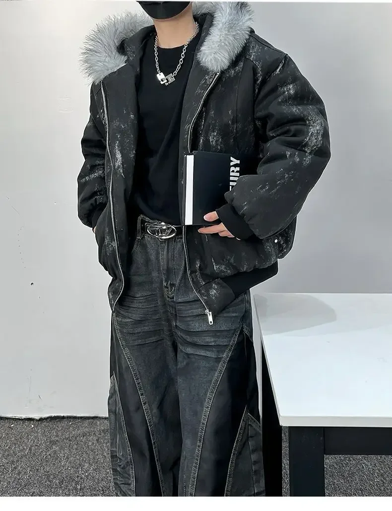 Outdoor Style Jacket Thickens Comfortable Parkas Winter Men's Cotton Jacket with Fur Collar Embroidery and Tie-dye Design Parkas