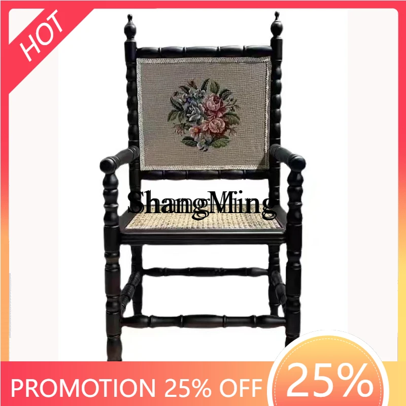 

ZYY Solid Wood Vintage Dining Chair Mid-century Embroidered Leisure Small Apartment Dining Balcony