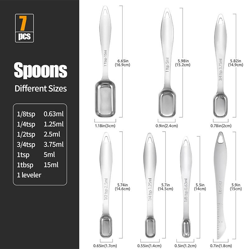 18/8 Stainless Steel Measuring Spoons Premium Heavy Duty Measuring Spoons Set with Leveler Rectangular Metal Teaspoon Tablespoon