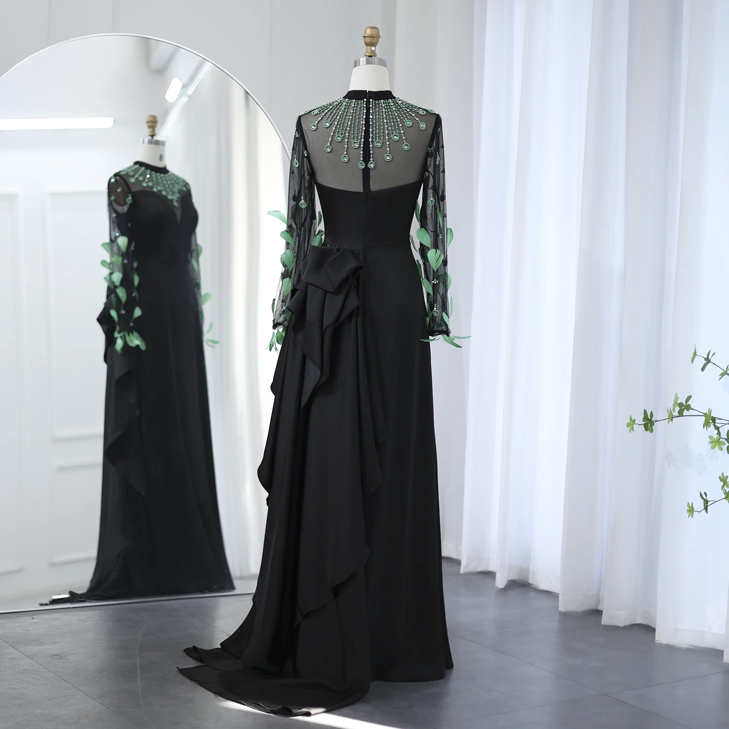 Sharon Said Luxury Dubai Emerald Green Feathers Black Evening Dress Long Sleeves Arabia Women Formal Party Gown SS457 Customized