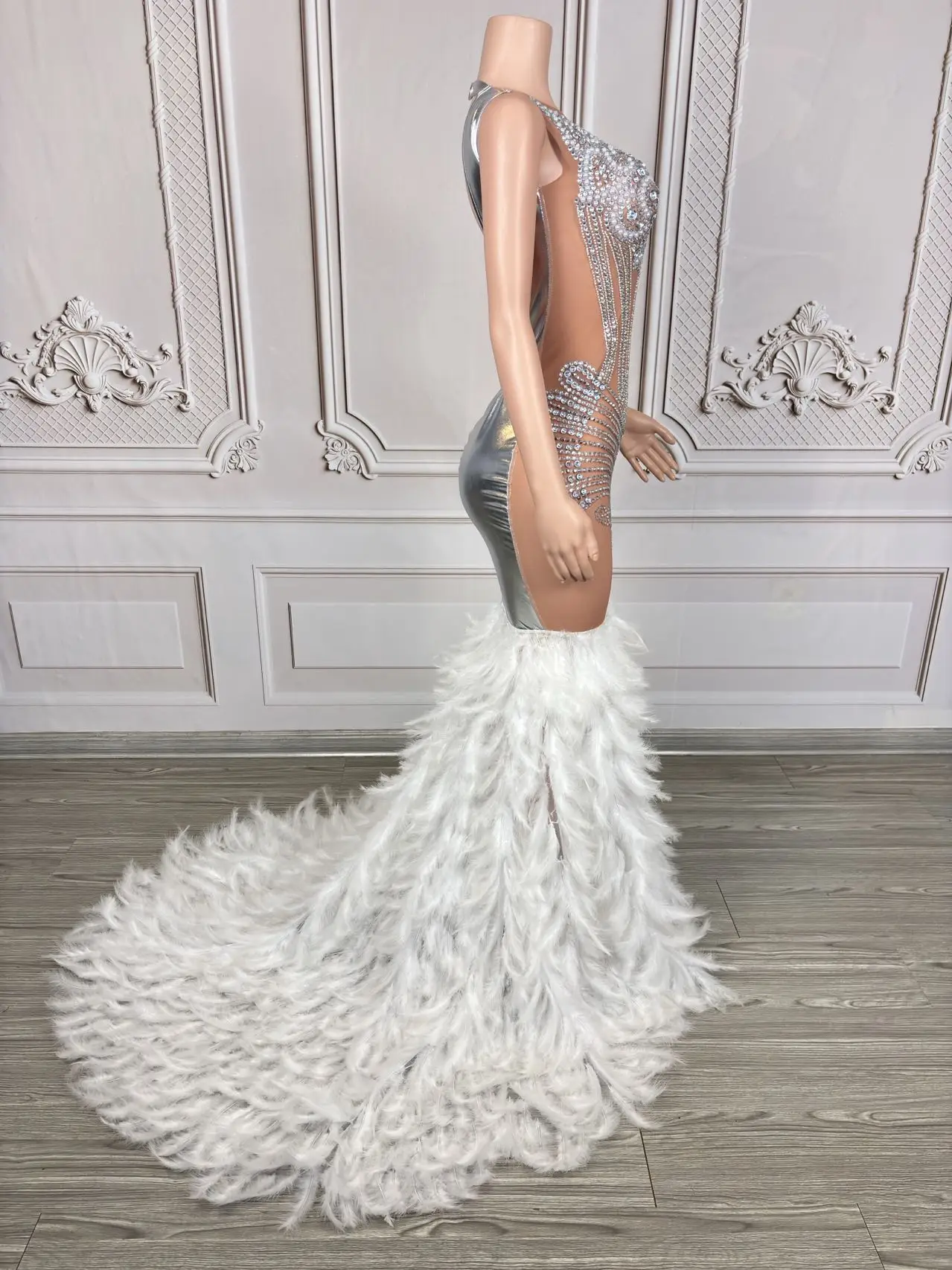 Tengyun Elegant Rhinestones Pearls Feathers Gown Women Sexy Sheer Mesh Party Celebrate Wedding Evening Dress Photo Shoot Wear