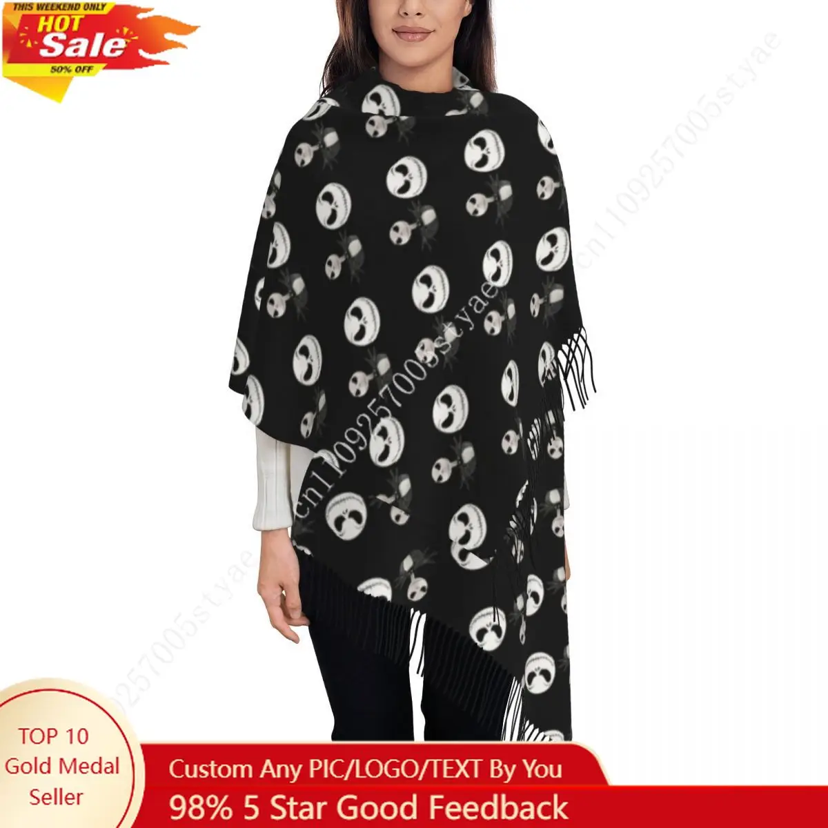 Bufanda Personalizada de Jack Skellington para Halloween, Chal Largo y Cálido de Invierno para Mujer, Chal con Borlas Unisex, Bufandas de Pesadilla Antes de Navidad