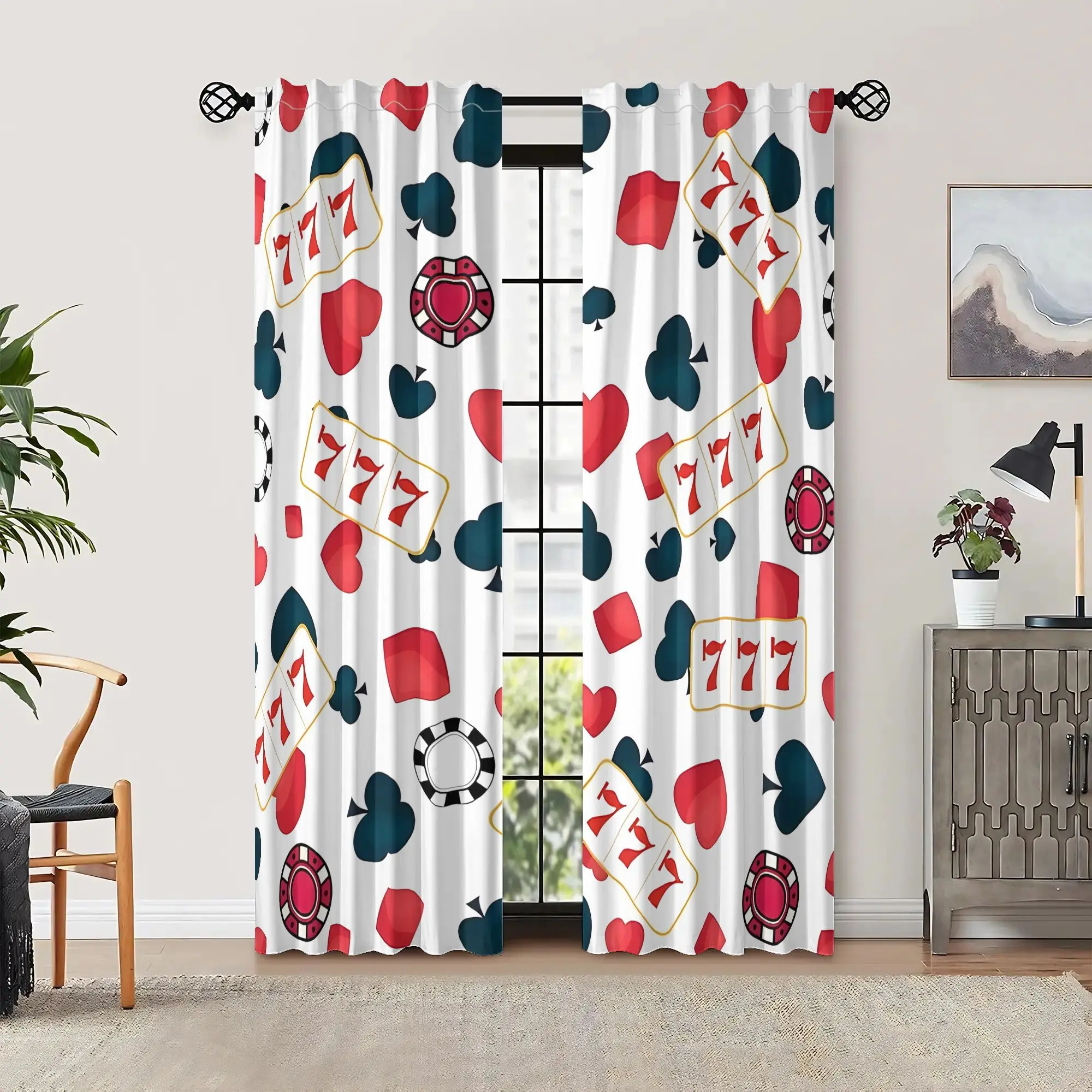 Poker Luck 7 theme pattern curtains, pole-mounted installation. Suitable for living rooms, bedrooms, dining rooms and hotels.
