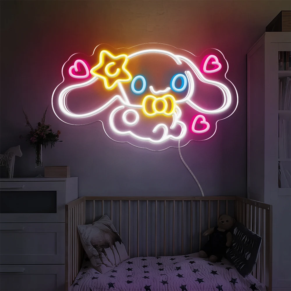 Cinnamoroll luz led sanrio sinal de néon luz de parede bonito anime decoração do quarto para presente bonito para crianças decoração do quarto da menina alimentação usb