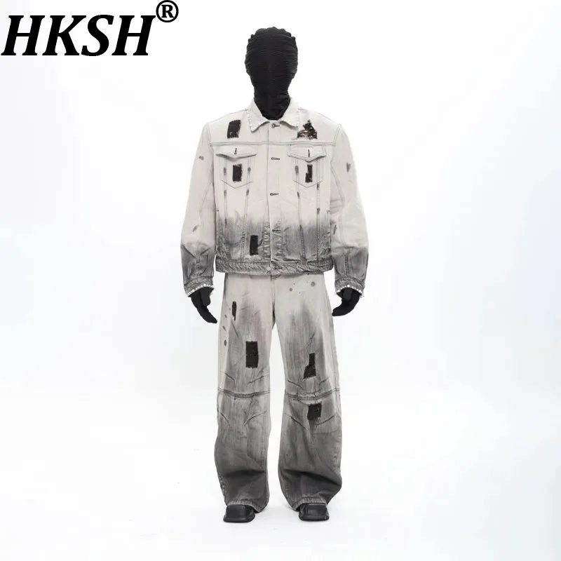 HKSH Spring Autumn Winter New Men's Niche Washed Vintage Gradient Denim Coats Tide Loose Chic Ins Y2K Retro Jacket Jeans HK10646