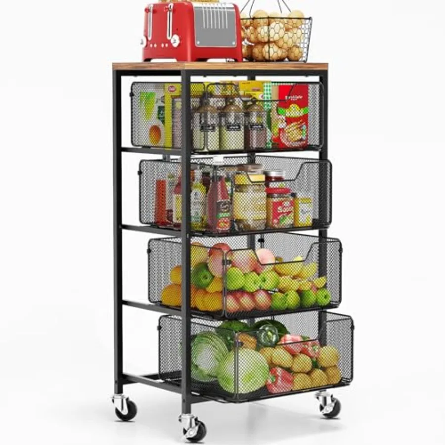 

Kitchen Cart with Drawers, 4 Tier Metal Rolling Utility Cart Organizer on Lockable Wheels with Wooden Top, Fruit Vegetable Stor