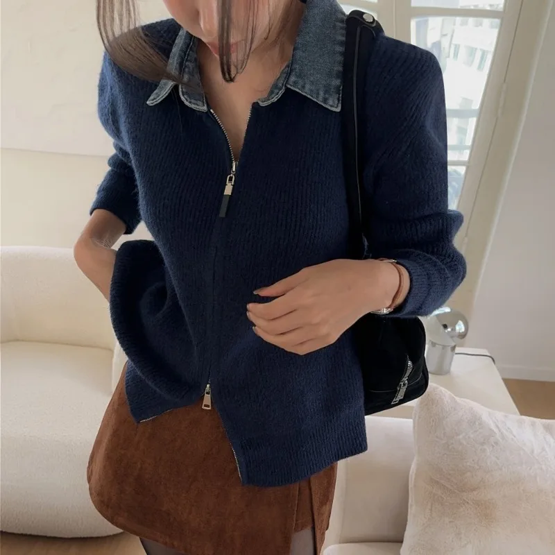 

Корейский стиль, джинсовый лоскутный свитер с двойной молнией и лацканами, женский осенний модный свободный вязаный кардиган с длинными рукавами, женские топы