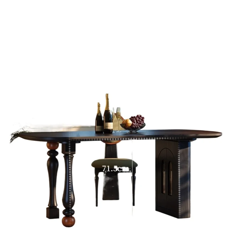 

French retro solid wood dining table small apartment black ash wood high-end rectangular storage dining table