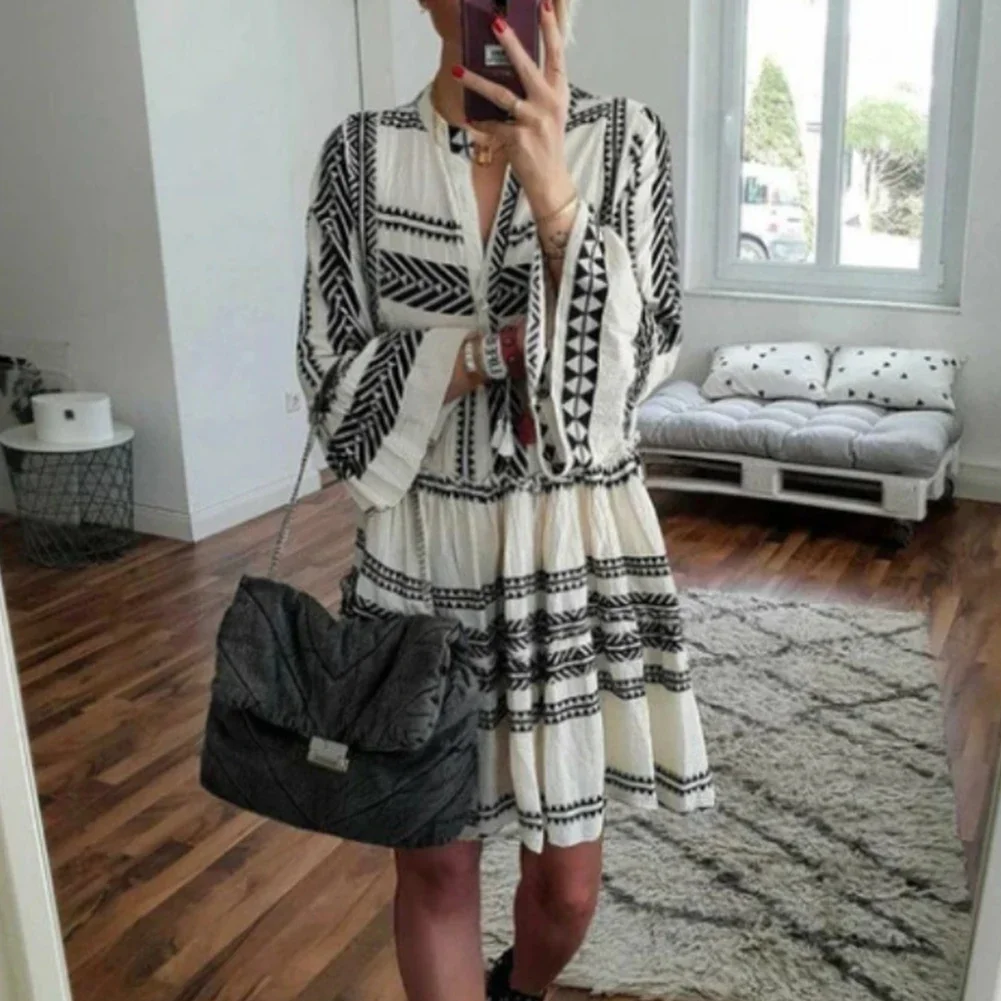 

Сарафан женское платье повседневное праздничное женское платье с длинным рукавом плюс размер короткое платье с v-образным вырезом отпуск пляж удобная мода