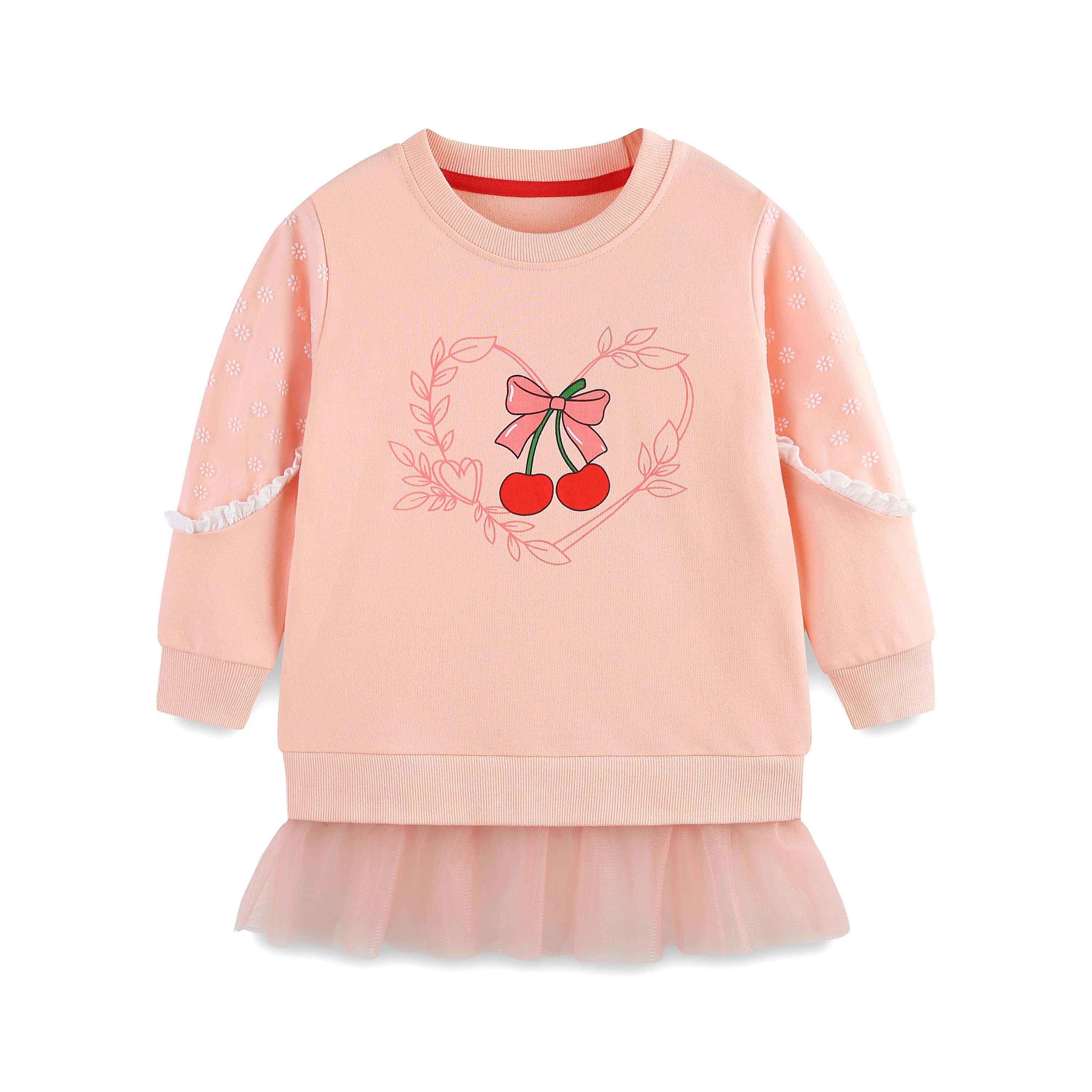 

Толстовка с круглым вырезом для девочек, принтом «фрукты и сердце», рюшами по краю в горошек — повседневный стиль на весну и осень