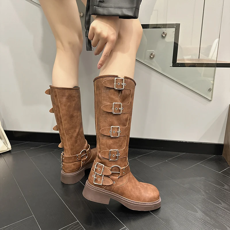 AIYUQI Western Cowboy Boots Women Vintage New Genuine Leather Knight Boots Women Square Toe High Boots Buckle Boots Women