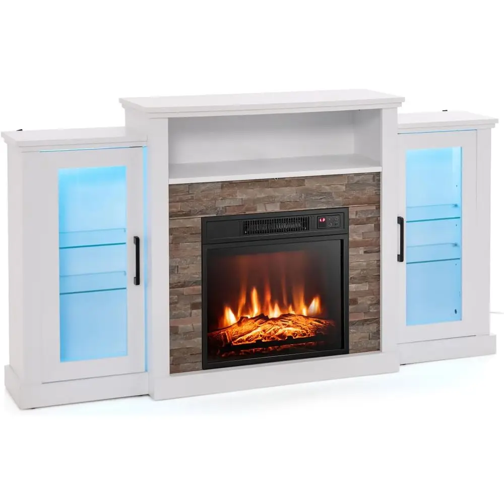 

Подставка для телевизора со светодиодной подсветкой, 59, электрический камин 18, белый развлекательный центр с регулируемыми стеклянными полками