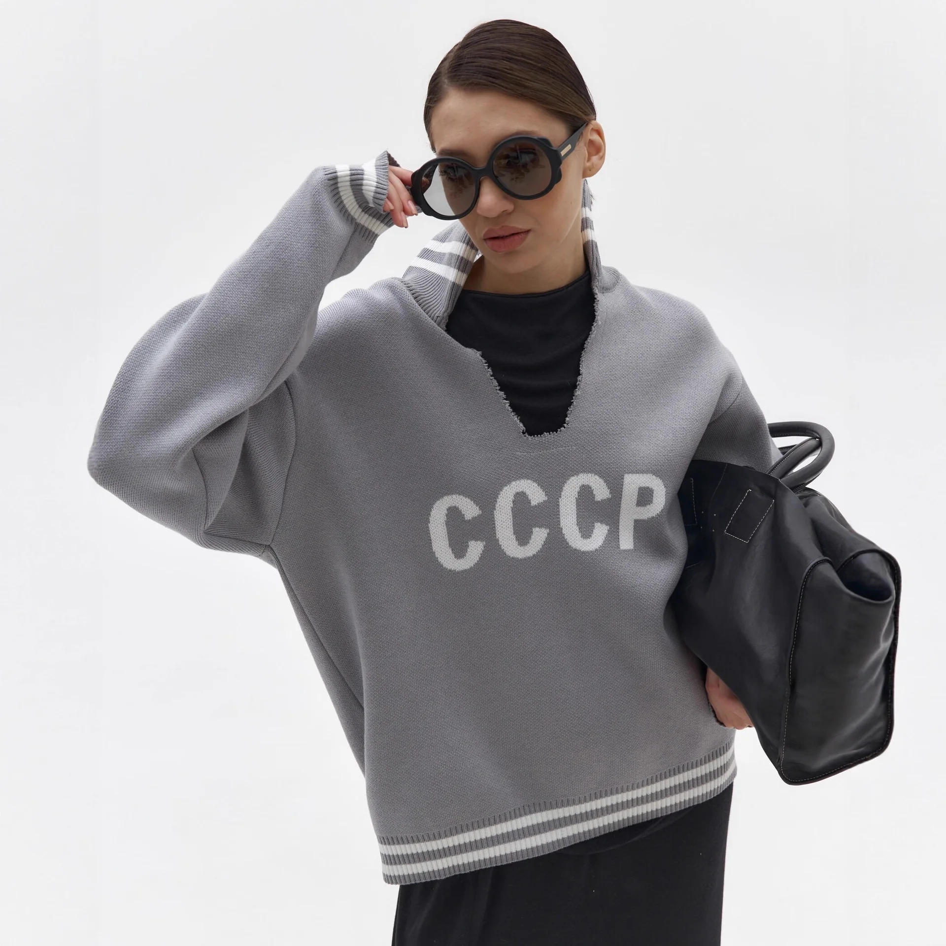 

New V-neck Sweater Women Contrast Letter Street Tops Loose Casual Pullovers Long-sleeved Knitted Women Sweater Winter Top