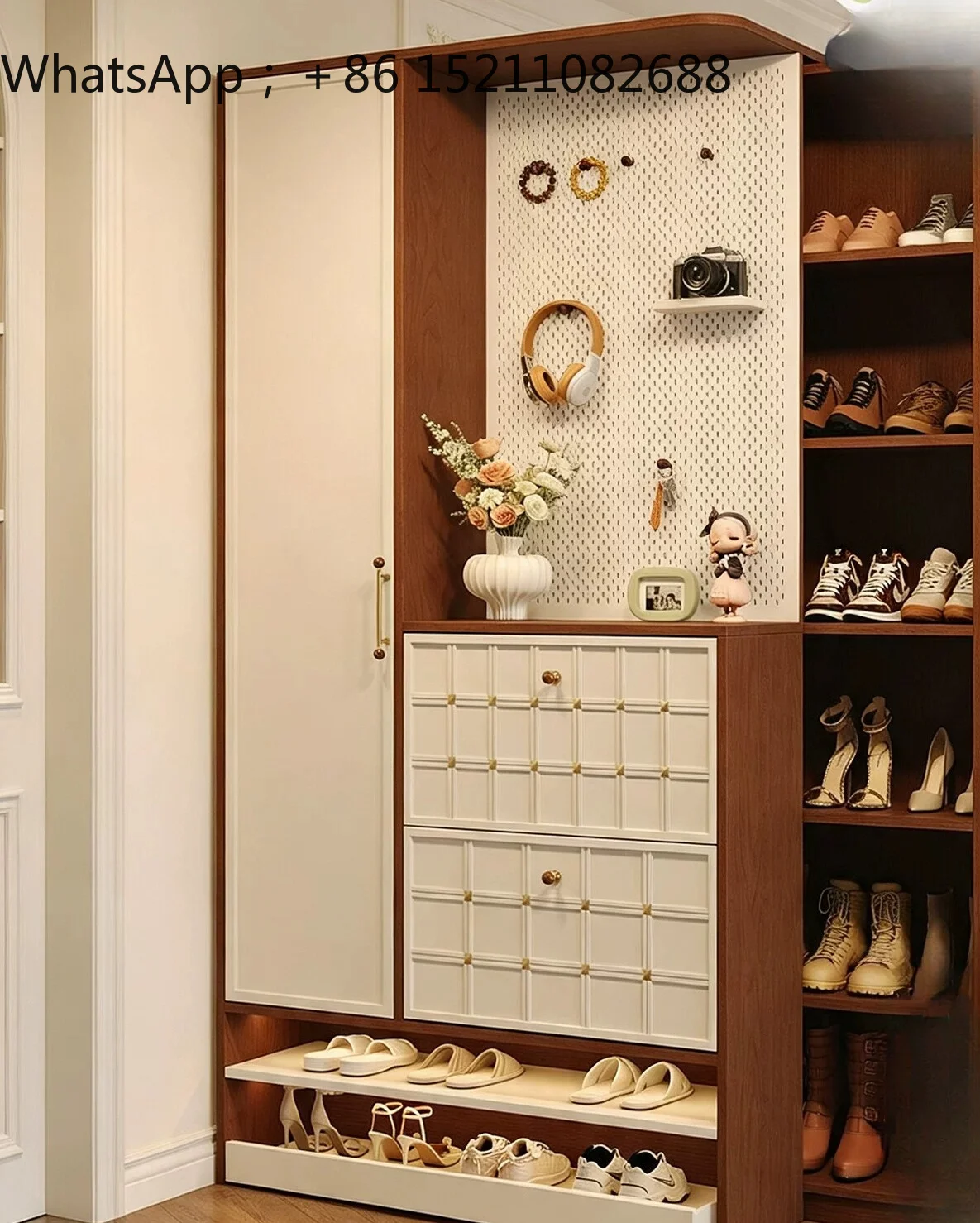 SCY Cream Wind Checkerboard Shoe Cabinet Home Entry Entrance Cabinet Tipping Bucket Shoe Cabinet Coat Rack