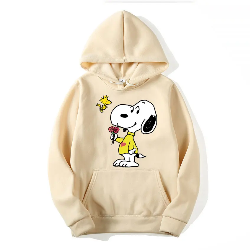 Snoopy Cartoon Anime Women Pullover Tops Spring Autumn Men Oversized Hoodie 2024 New Fashion Yellow Couple Sweatshirt Clothes