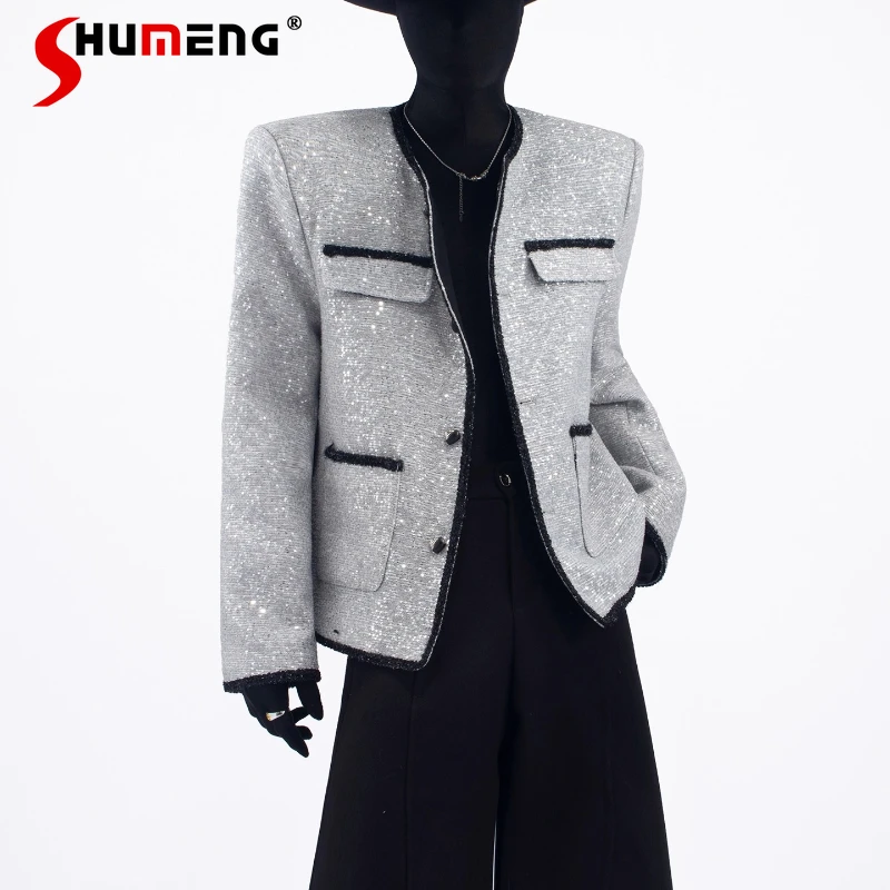 

Осень 2023, новые мужские индивидуальные блестящие твидовые пальто, мужские маленькие ароматные контрастные цвета, модные куртки, шикарные куртки с длинными рукавами