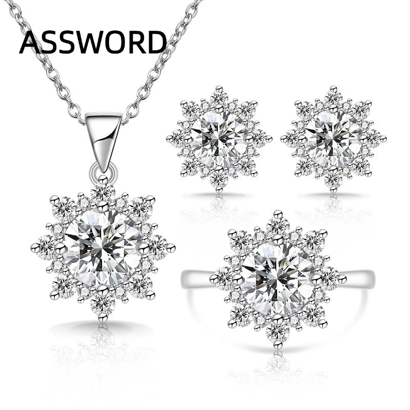 925 Sterling Silber Schneeflocken-Halo Cubic Zirkonia Schmuckset für Damen Anhänger Halskette Ring Ohrstecker Hochzeitsschmuck Geschenk – Detail 6