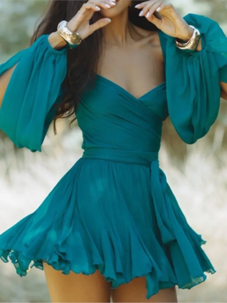 

Spring And Summer Women's Sexy Hot Girl Style Dress Solid Color V-neck Lantern Sleeve Hollow Off-the-shoulder Casual Dresses