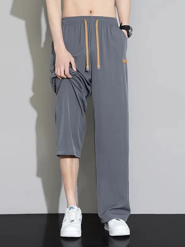 Men's Summer Thin Ice Silk Casual Pants Loose Straight Leg Wide Leg Breathable Quick Dry Sports Pants Polyester Fiber