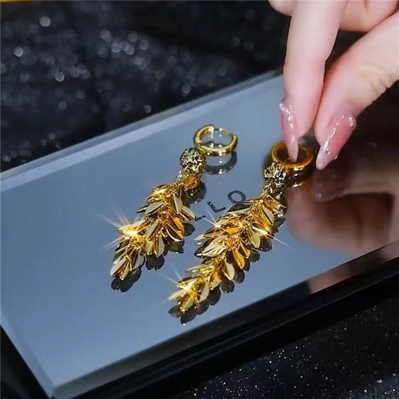 

Light Luxury 24K 999 Gold Wheat Long Tassel Drop Earrings For Women – Celebrity Elegant Style Fashion Earrings