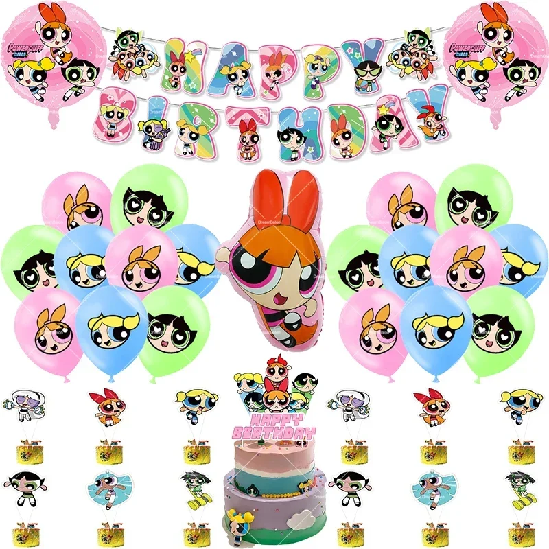 New The Powerpuff Girls Foil Balloons Happy Birthday Banner Decorations Party Supplies Cake Topper Latex Ballon Kids Toy Gifts