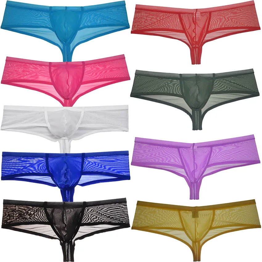 Men\'s See-through Brazilian Bikini Underwear Contour Pouch Hipster Underpants Sheer Solid Color Boxer Thong