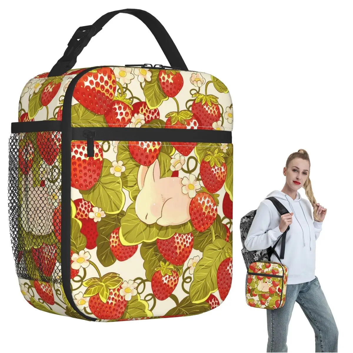 Cartoon Rabbits Eat Strawberries Pattern Insulated Lunch Bag for Women Kids Portable Food Boxes Thermal Lunch Box Tote