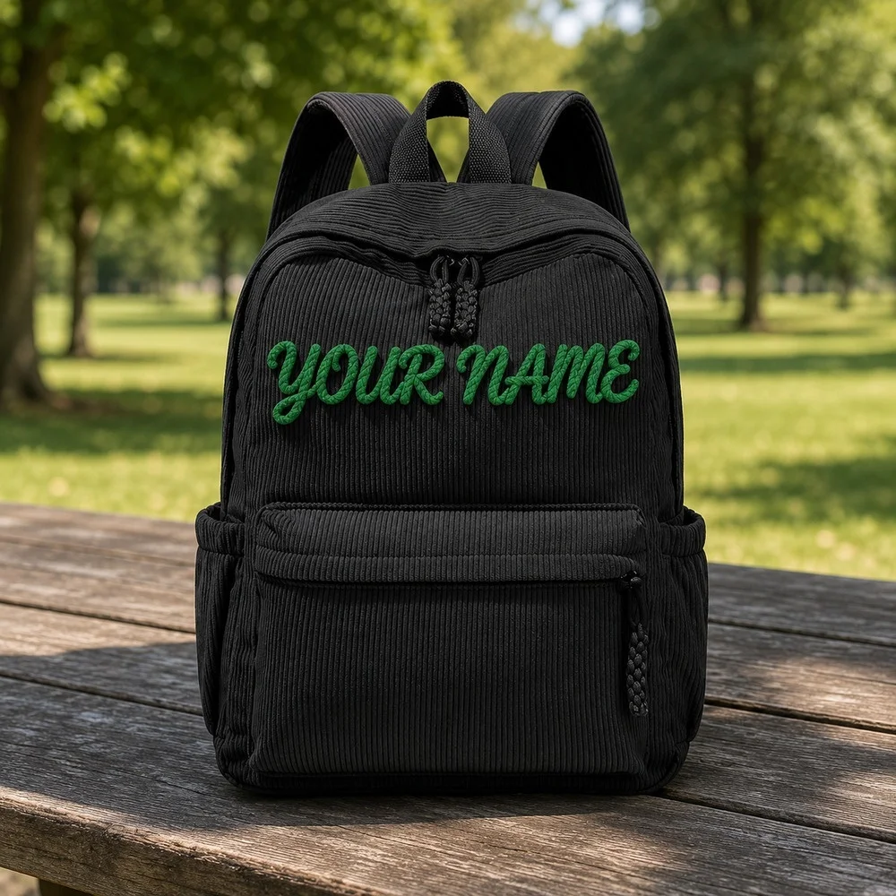 Custom Name Rope Chenille Embroidery Corduroy Backpack, Personalized Corduroy School Bag Multi‑Pocket Daypack for Students
