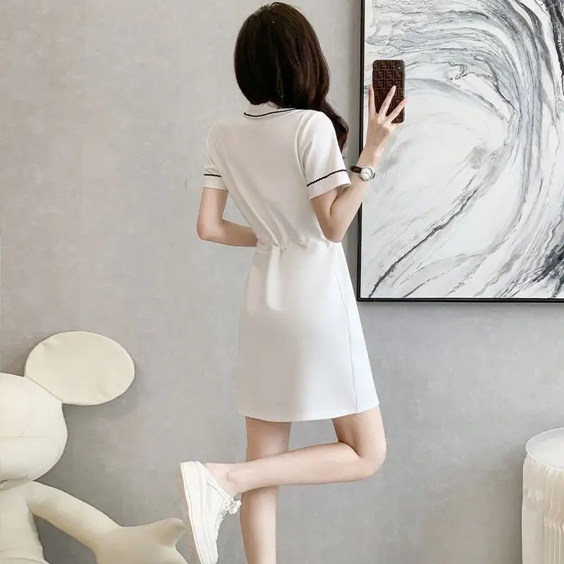 Magliette Polo sportive estive da donna Mini abito coreano Lady Casual White Draw String vita abiti manica corta 2024 Fashion Wear