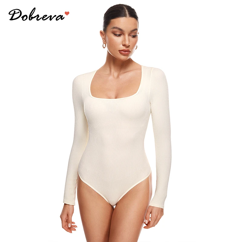 

Women's Sexy Square Neck Long Sleeve Bodysuit Bodycon Ribbed Tops Solid Slimming Body Suits Jumpsuits Fall Winter Black White