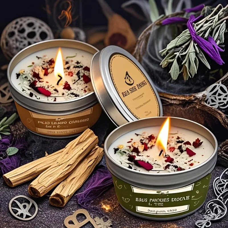 Palo Santo Candle Cleanse - 2pcs Lasting Sage Lavender Smudge Candle Set 80g 30 Hour Burn Made of Soy Wax Sage & Lavender for House Cleansing
