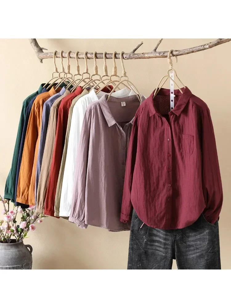 

High Quality 100% Cotton Yarn Blouses Shirts Women Spring Solid Blouses Long Sleeve Lady Tops Soft Skin-Friendly Base Shirt