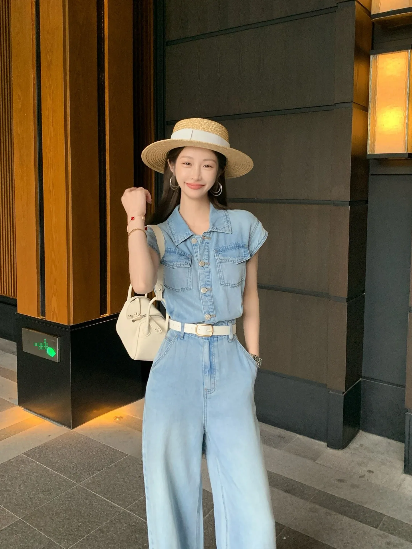 

Breathable Denim Jumpsuit Women's Summer New Sle High Waist Long Pants Faionable Collar Cover up Ruffle Hem Wide Leg