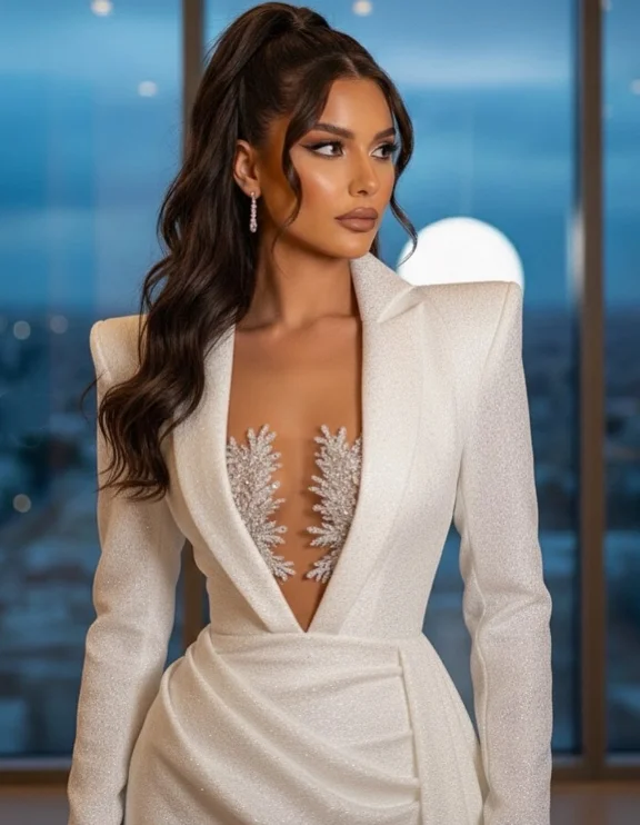 Customized Elegant White Short Trailing Prom Small Gowns Sparkling Pleated Trailing Design Celebrity Evening Gowns