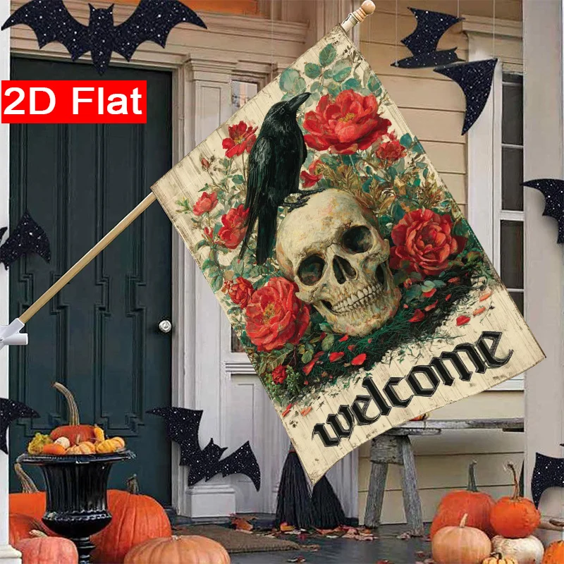 Bandera de jardín con diseño de esqueleto, rosas y cuervos para Halloween, de estilo plano 2D (1), de 28 x 40 pulgadas, para uso en exteriores, con diseño a doble cara, para decoración del hogar, del patio y del jardín, y para decoración de césped. Solo la bandera.