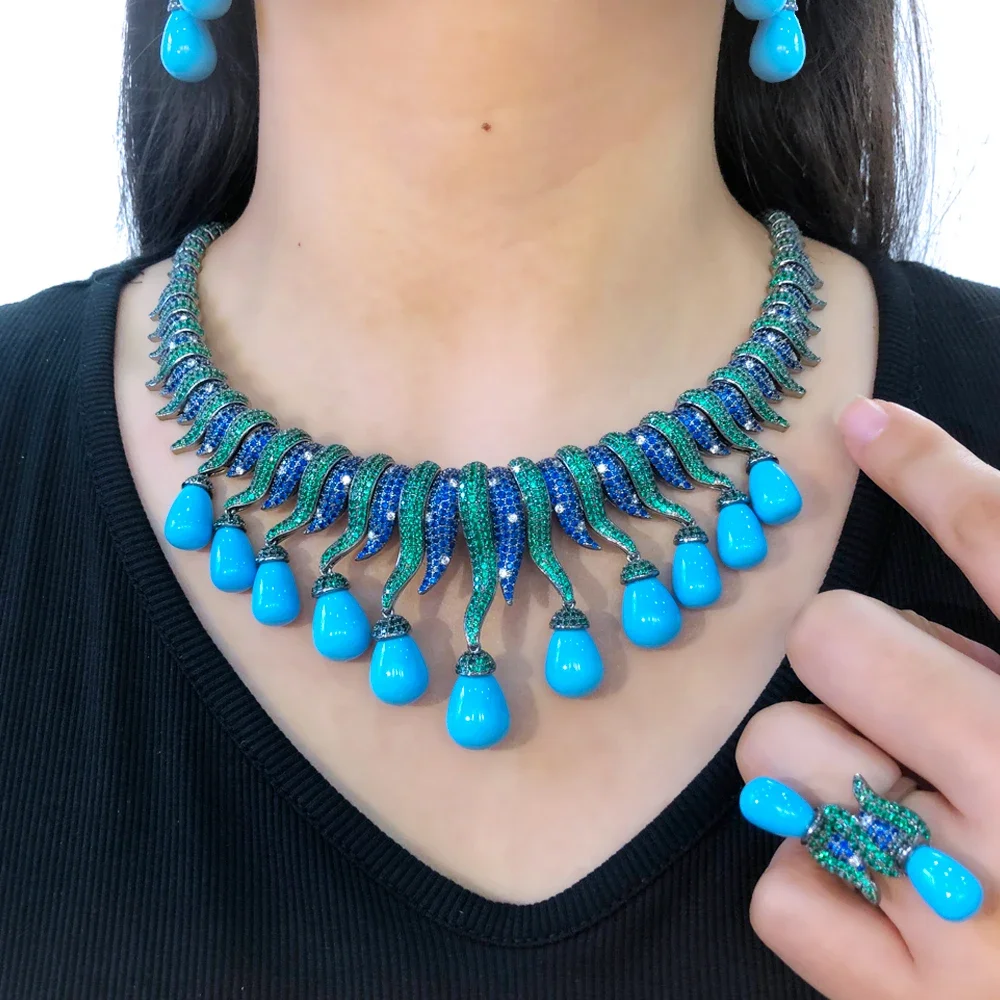 

Soramoore New Luxury 4PCS Necklace Bangle Earrings Ring Jewelry Set For Bridal Wedding Women Show Jewelry Noble Turquesa Drop