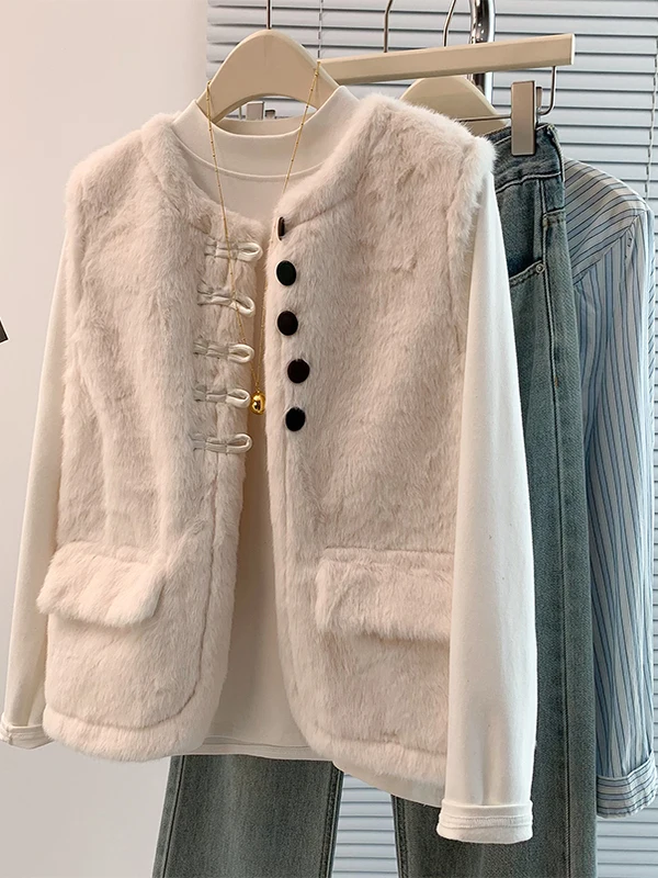 

Simple ort Biker Jaet Women's Vest Outerwear Fur Leather Inteated Warm round Ne Regular Length Autumn Winter Coat