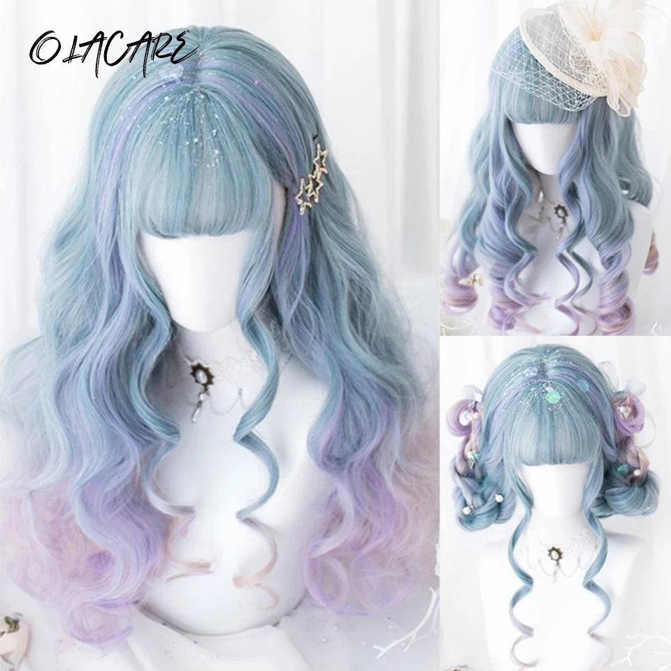 LM Synthetic Long Curly Wavy Lolita Wig with Bangs Wig Girl Cute Ombre Blue Purple Pink Cosplay Party Halloween Harajuku Wig