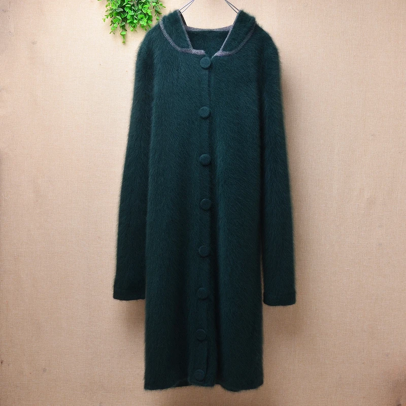 donna donna moda verde peloso morbido visone cashmere lavorato a maglia maniche lunghe con cappuccio maglione lungo sottile cardigan cappotto di